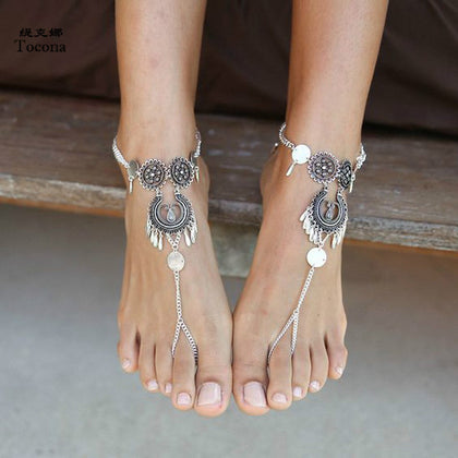 Vintage Silver Color Foot Chain, Bohemian Tassel Anklet, Barefoot Sandals Summer Jewelry