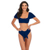 Bikini 2 Piece Women Swimsuit Solid Color Short Puff Sleeve Summer High Waist Cut Backless Bathing Suit Beachwear