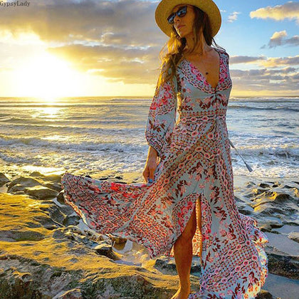 Boho Floral Print Maxi Dress Gown Summer V-neck Drawstring Waist Long Sleeve Chic Beachwear Beach Dress