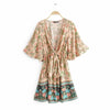 Bow Chic Summer Boho Dress Deep V Neck Short Beachwear Short Sleeve Floral Print Cotton Mini Dress