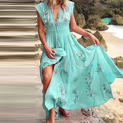 Summer Floral Print Maxi Short Sleeve Boho Long Dress