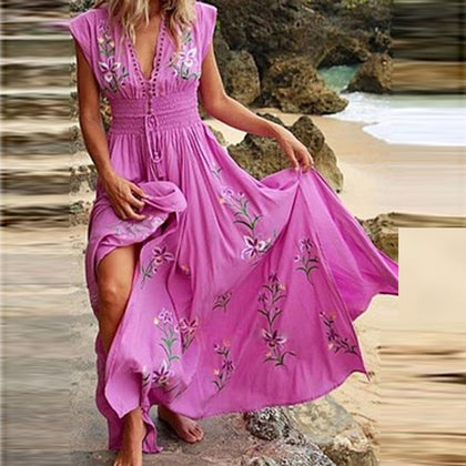 Summer Floral Print Maxi Short Sleeve Boho Long Dress