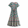 Floral Print Summer Beach Dress for Women Bohemian Ladies V-neck Short Sleeve Boho Chic Dresses