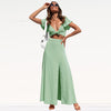 Solid Bow Cute Long Dress Set for Women Short Sleeve Bandage Tops Summer Sweet Elastic Waist Beach Slit Dresses 2 Pieces