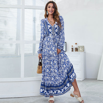 Vintage Floral Print Maxi Dresses for Women 2022 V-neck Long Sleeve Loose Casual Robe Printing High Waist Long Summer Dress