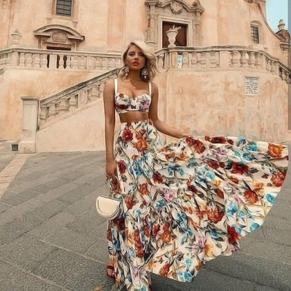Floral Print Summer Maxi Dress Women Sleeveless 2 Piece Set Bohemian Dresses Chic Beach Dress
