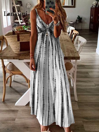 Women Maxi Long Plus Large Size Floor Length Boho Dress for Female 2020 Summer Sleeveless V Neck Print Loose Beach Casual Dress